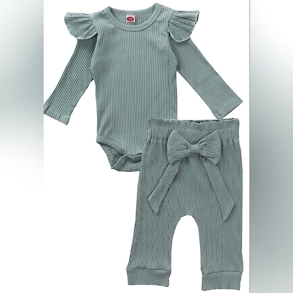 NWT☆Super Cute Toddler Girl Ribbed Long Sleeve Mint Ruffle/Bow Pant Set☆3T